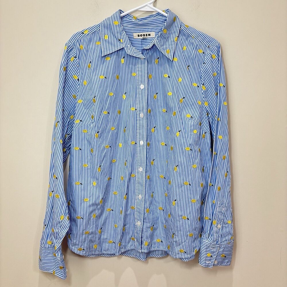 Boden Sienna Embroidered Lemons Shirt US 14 Blue Stripe Yellow Fruit Resort Prep - Picture 1 of 8
